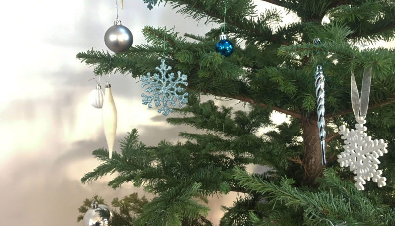 Baubles on a christmas tree in St Ives