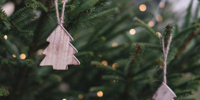 wooden baubles on a christmas tree