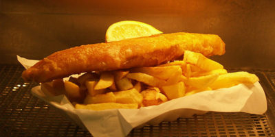 The balancing eel fish and chips in St Ives